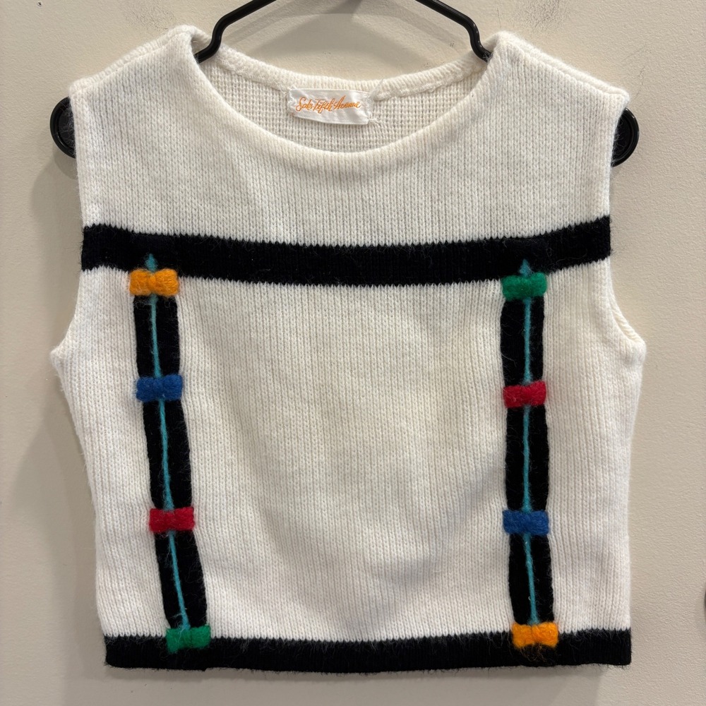 VTG 80s Saks Fifth Avenue White Knit Sweater Vest Black‎ Stripe Bow Detail Small